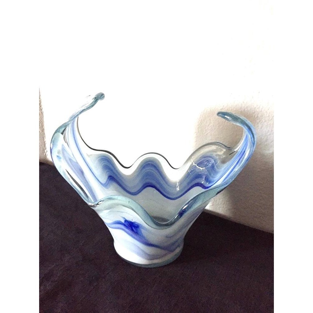Vtg Handmade Blown Glass Blue/Milky White Swirl Candy Trinket Dish Decorative